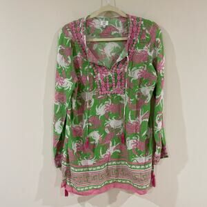 Crown & Ivy Beach Tunic Cover Up Green and Pink Crab Print Women Embroidered Top